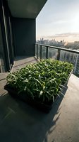 Modern high-rise balcony with lush green potted plants overlooking sprawling cityscape at sunset, urban gardening and contemporary living space design.