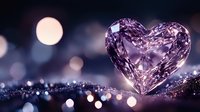 Crystal heart shape with purple tint on sparkling surface with bokeh lights background for romantic Valentine's Day and love concepts.