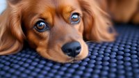 Adorable long-haired Dachshund puppy with bright blue eyes lying on textured blue surface, close-up portrait showing sweet expression and ginger-colored fur.