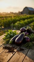 Fresh purple eggplants with green herbs on rustic wooden table in countryside farm field during golden hour sunset for organic cooking and healthy eating.