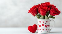 Fresh red roses in white mug decorated with heart pattern and red plush heart on light background, romantic Valentine's day or anniversary composition.