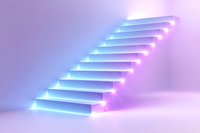 Glowing neon stairs with blue illumination on pink background, modern minimalist architecture design element for business success concept.
