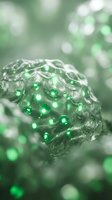 Transparent glass sphere with green bubbles floating in soft bokeh light for modern design and wellness concepts.