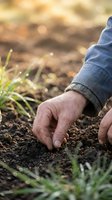 Senior farmer hands planting seeds in rich soil during golden hour sunlight for sustainable agriculture and organic farming practices.