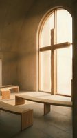 Minimalist chapel interior with wooden cross silhouetted against arched window, natural light streaming through glass, concrete walls, wooden benches, serene spiritual space for worship and meditation.