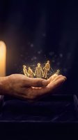 Male hand holding glowing golden human figures with sparkling particles on dark background. Represents teamwork, community support, leadership, and business growth for corporate and social concepts.