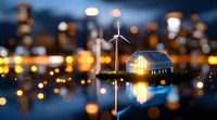 Miniature eco-friendly house with solar panels and wind turbines reflecting in water at dusk, surrounded by bokeh lights creating magical atmosphere.