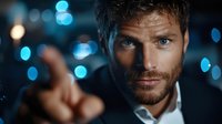 Confident businessman pointing finger at camera with intense gaze against blurred city lights background for corporate leadership and success concepts.