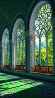 Ornate arched windows with intricate patterns cast emerald shadows on floor. Sunlight streams through gothic architectural details, creating magical interplay between nature and design.