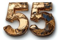 Metallic gold number 55 with rough textured surface and liquid metal effect on white background, isolated design element for anniversary or sports.
