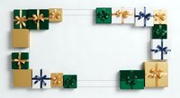 Wrapped gift boxes in green, gold, and white with decorative bows arranged in a frame border on white background, suitable for holiday greeting cards and seasonal marketing materials.