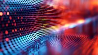 Futuristic digital mesh pattern with glowing red and blue gradient lights creating dynamic perspective depth effect, abstract technology background.