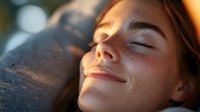 Young Caucasian woman with freckles smiling peacefully with closed eyes in warm sunlight, natural beauty portrait showing genuine happiness and serenity.