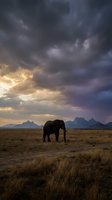 Dramatic storm clouds gather over lone elephant grazing in golden savanna grassland with mountain backdrop at sunset creating moody atmospheric landscape.
