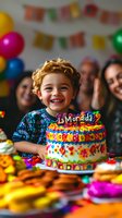 Joyful young boy with curly blonde hair celebrating birthday with colorful rainbow cake, surrounded by balloons and party decorations in festive home setting.