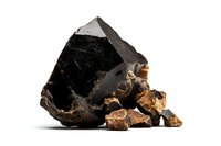 Raw black obsidian volcanic glass chunks with rough texture and golden brown inclusions on white background, natural mineral specimen isolated for geology study.