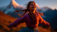Young Asian girl with braids in traditional clothing spreading arms joyfully against sunset-lit mountains, expressing freedom and adventure.