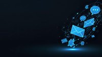 Digital communication network with glowing blue email envelopes and chat bubbles floating on dark background for technology and messaging concepts.