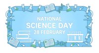 Science education celebration banner with laboratory equipment, books, microscopes and DNA symbols arranged around National Science Day text on blue background.