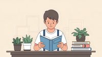 Young Asian male student reading book at desk with houseplants and stack of books in cozy study space for education and learning concepts.