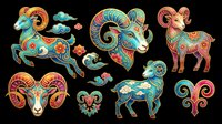 Colorful Chinese zodiac ram set isolated on transparent background, ready for stickers, T-shirts, print on demand, sublimation, and clipart design use.
