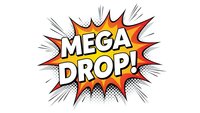 Comic book style mega drop explosion burst with bold lettering and starburst design isolated on white background for promotional graphics and marketing materials.