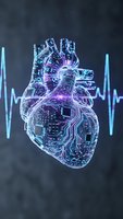 Digital heart with circuit board pattern and glowing neon lights on dark background with heartbeat pulse wave for medical technology concepts.