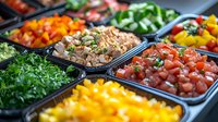 Fresh salad bar buffet with colorful vegetables, greens, tomatoes, peppers and healthy ingredients in black serving containers for restaurant dining.