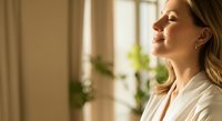 Young woman with light brown hair and fair complexion wearing white shirt gazing peacefully toward sunlit window with indoor plants, conveying calm and mindfulness.