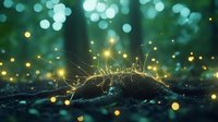 Magical glowing particles and light trails over dark textured surface with green bokeh background create dreamy fantasy atmosphere. Nature photography art.