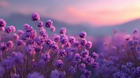 Purple wildflowers in a meadow at sunset with dreamy bokeh effect creating romantic atmosphere for nature backgrounds.