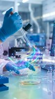 Scientist hand in blue glove holding pipette with glowing digital network effects in modern laboratory for biotechnology research and innovation.