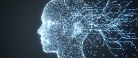 Digital human head profile made of connected dots and lines representing artificial intelligence, machine learning, neural networks, and futuristic technology concepts.