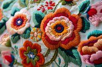 Vibrant floral embroidery pattern featuring orange, pink and red blooms with teal leaves on light fabric, showcasing detailed needlework and traditional folk art style.