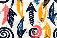 Hand-drawn tribal arrows and spirals in vibrant colors on textured background. Ethnic boho pattern with grunge effect for fabric, wallpaper design.