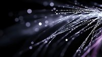 Glowing fiber optic strands with water droplets creating bokeh effect against dark background, purple and white light beams radiating diagonally.