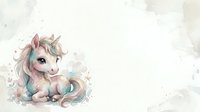 Adorable baby unicorn with pastel rainbow mane and horn sitting on white background. Cute mythical creature for children's designs and fantasy projects.