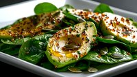 Fresh poached eggs served on bed of baby spinach leaves, drizzled with olive oil and sprinkled with seeds and spices, close up view on white plate.