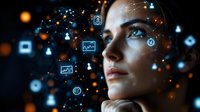 Young woman with thoughtful expression surrounded by digital interface elements and glowing network connections representing artificial intelligence and technology innovation.