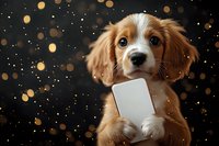 Adorable spaniel puppy holding blank white card against dark background with golden bokeh lights, creating magical holiday atmosphere for pet greeting cards.
