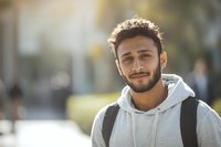 Young Middle Eastern man with beard smiling outdoors wearing gray hoodie and backpack on sunny day for lifestyle and education concepts.