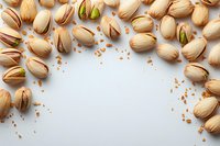 Roasted pistachio nuts arranged in curved border pattern on light background with scattered crumbs and empty space for text in center. Food photography layout.