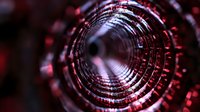 Dark tunnel with glowing red circular patterns and metallic rings creating depth perspective, abstract technology background for digital and futuristic concepts.