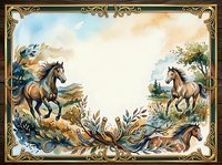 Horses galloping through ornate floral frame with gold decorative borders, vintage botanical illustration style, suitable for stationery and design projects.