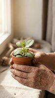 Elderly hands gently holding small terracotta pot with green seedling plant by sunny window, symbolizing growth, care, nurturing and new life beginnings.