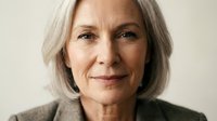 Mature woman with gray hair and olive skin tone wearing olive green jacket against neutral background, professional headshot.