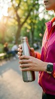 Woman in magenta jacket holding reusable water bottle outdoors during sunny day in park. Fitness, hydration, and eco-friendly lifestyle concept for wellness and environmental awareness campaigns.