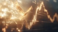 Glowing golden eagle soars across financial market chart with rising candlestick pattern, symbolizing successful trading and market growth on dark background.
