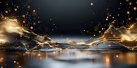 Abstract luxury background with flowing golden waves and particles on dark surface with reflections, modern elegant design for premium product display.