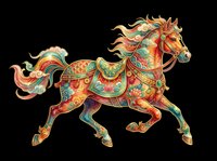 Ornate decorative horse with vibrant patterns, flowing mane and tail, isolated on transparent background. Ready for t-shirt design, clipart, stickers, sublimation and print-on-demand products.